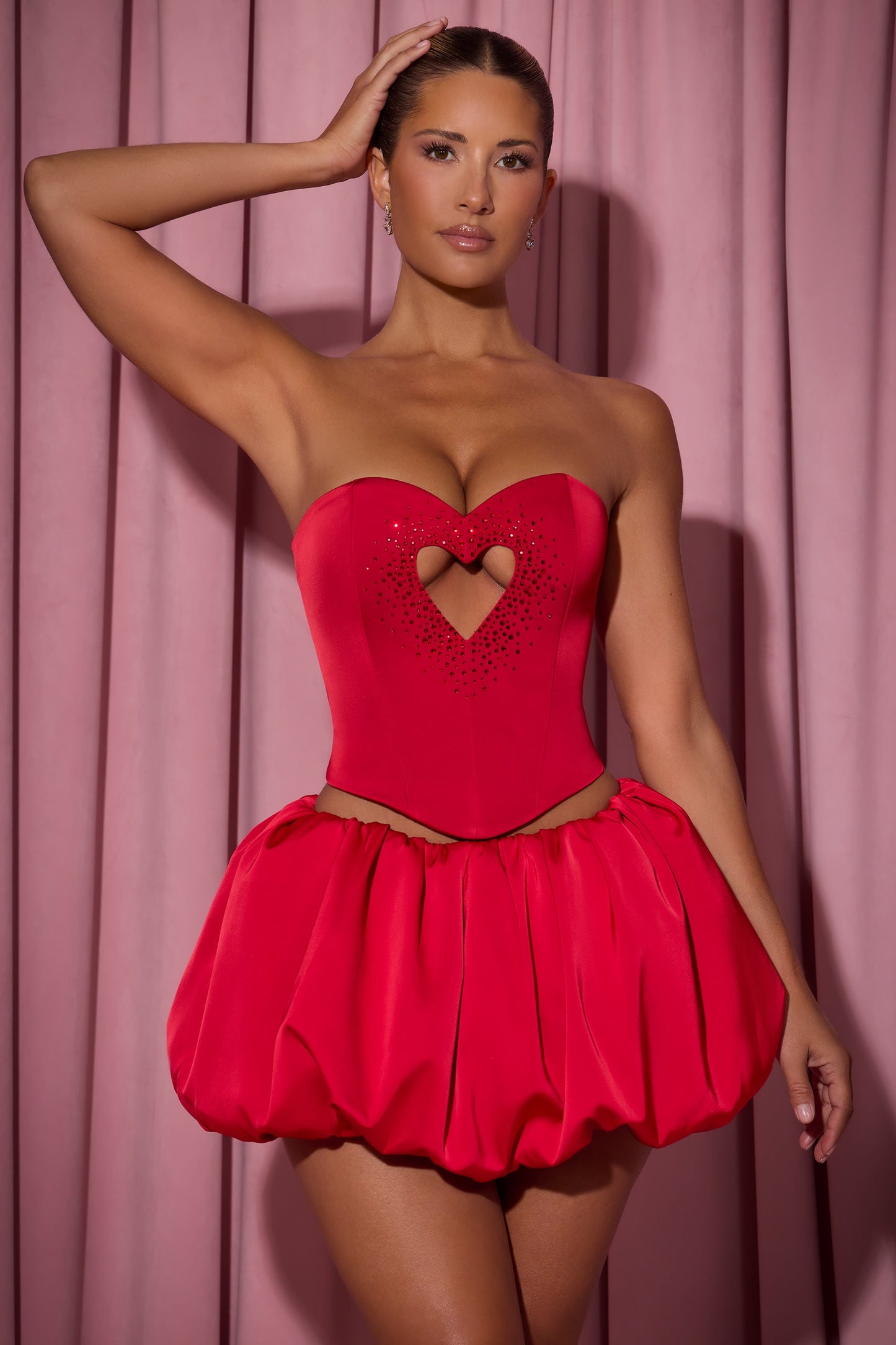 Embellished Heart Cut-Out Strapless Corset Top in Red