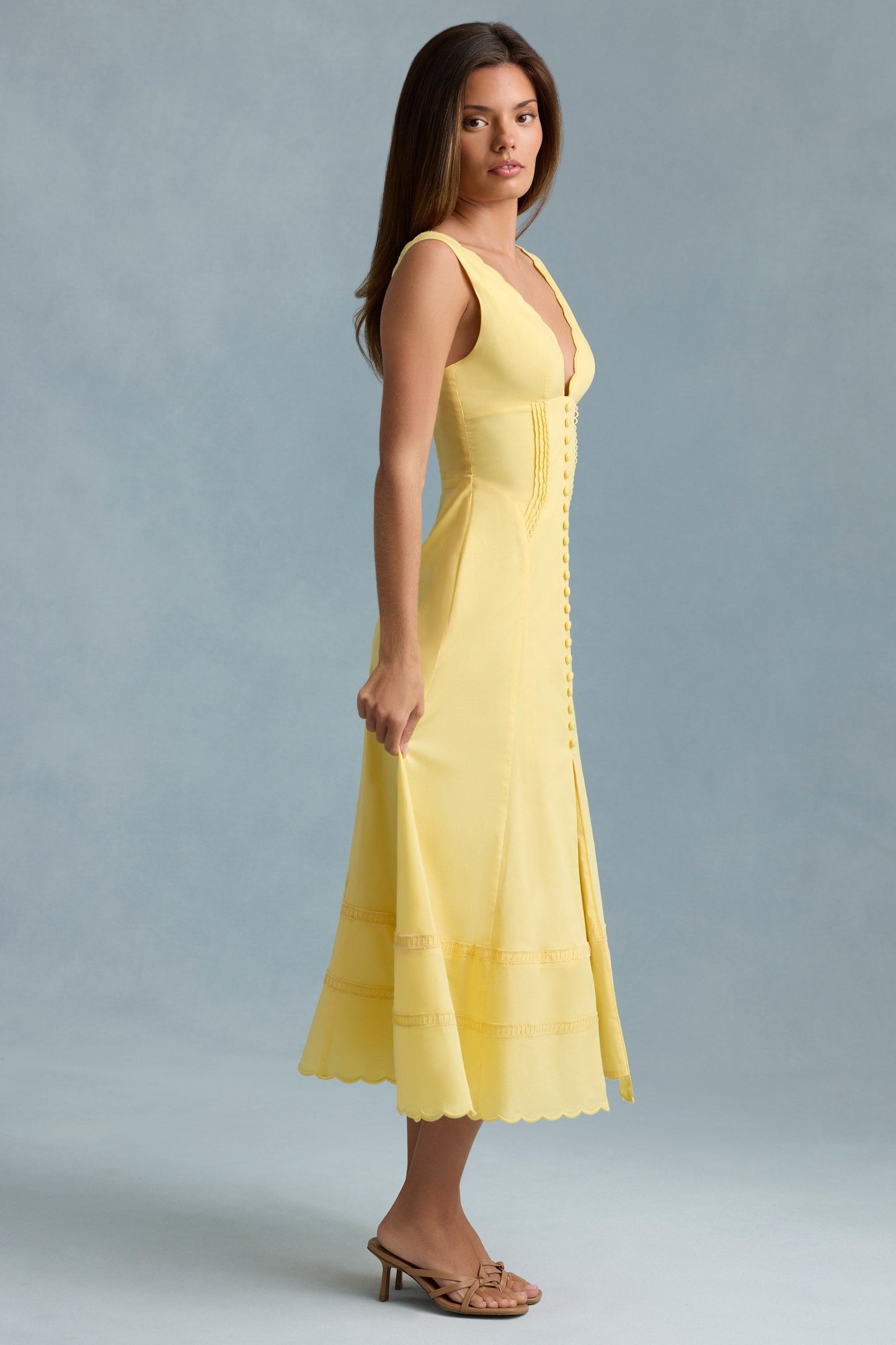 Cotton-Poplin A-Line Midaxi Dress in Pastel Yellow