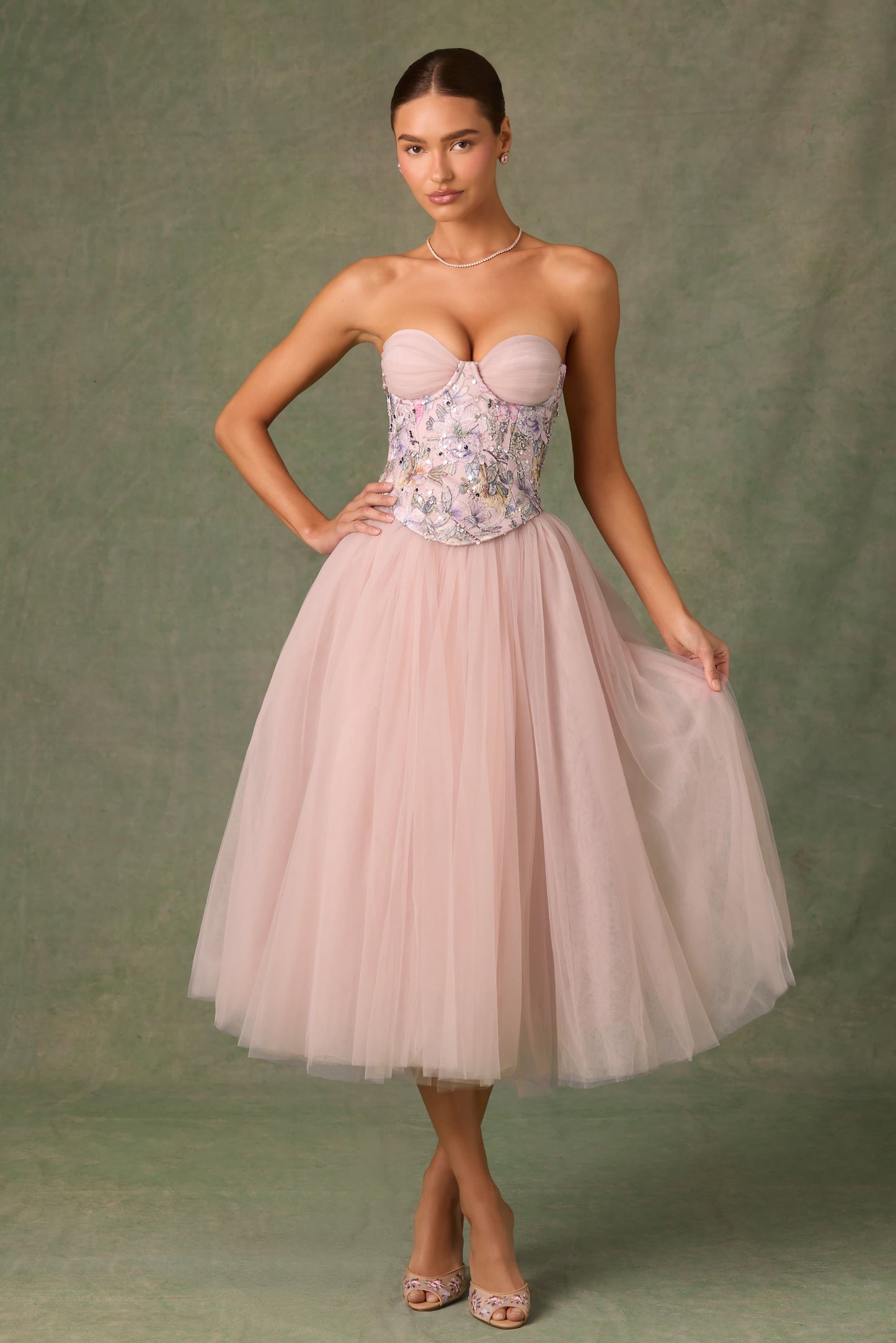 Embellished Lace-Up Cupless Corset in Floral Pink