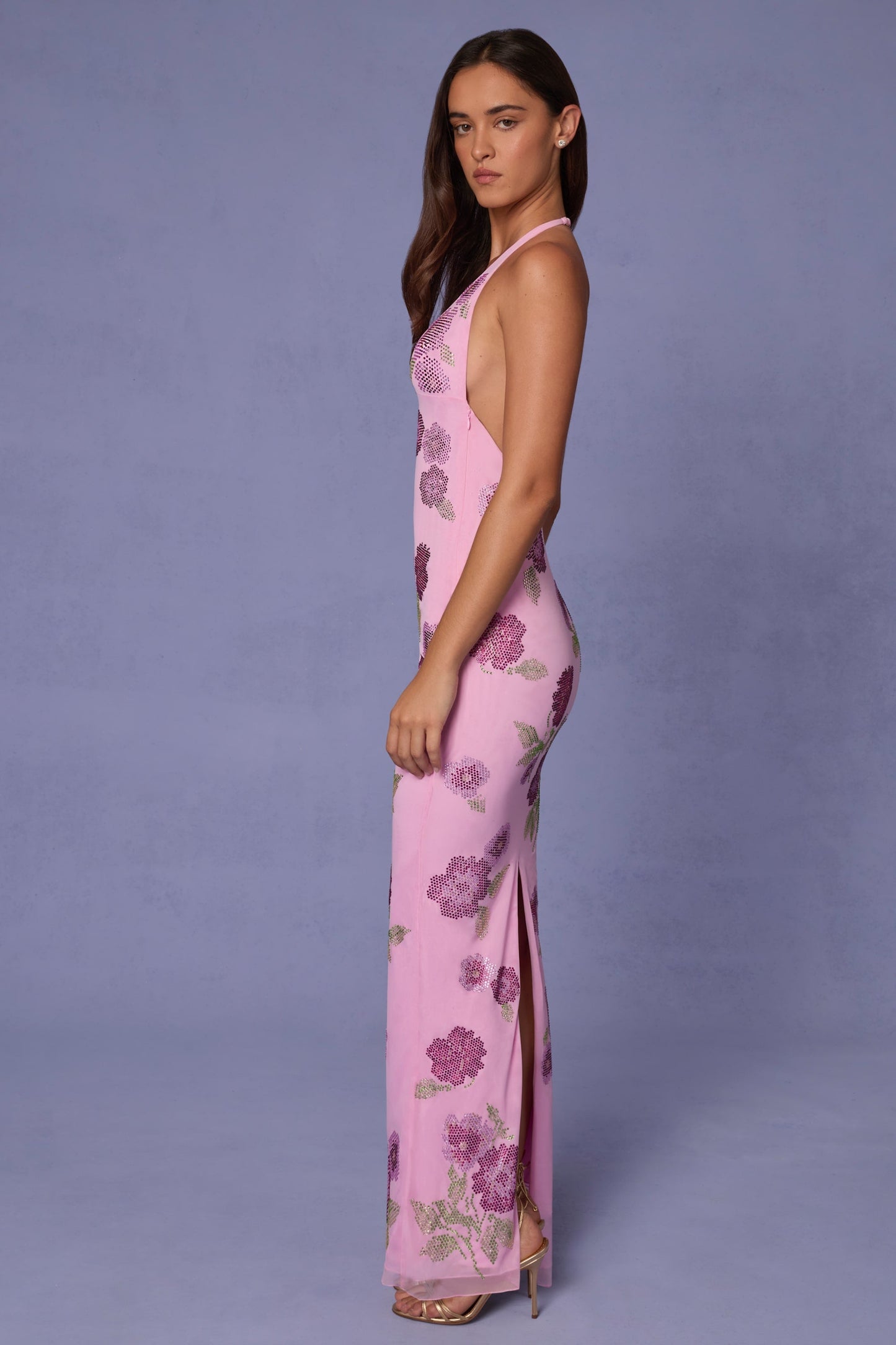 Embellished Halterneck Maxi Dress in Soft Pink