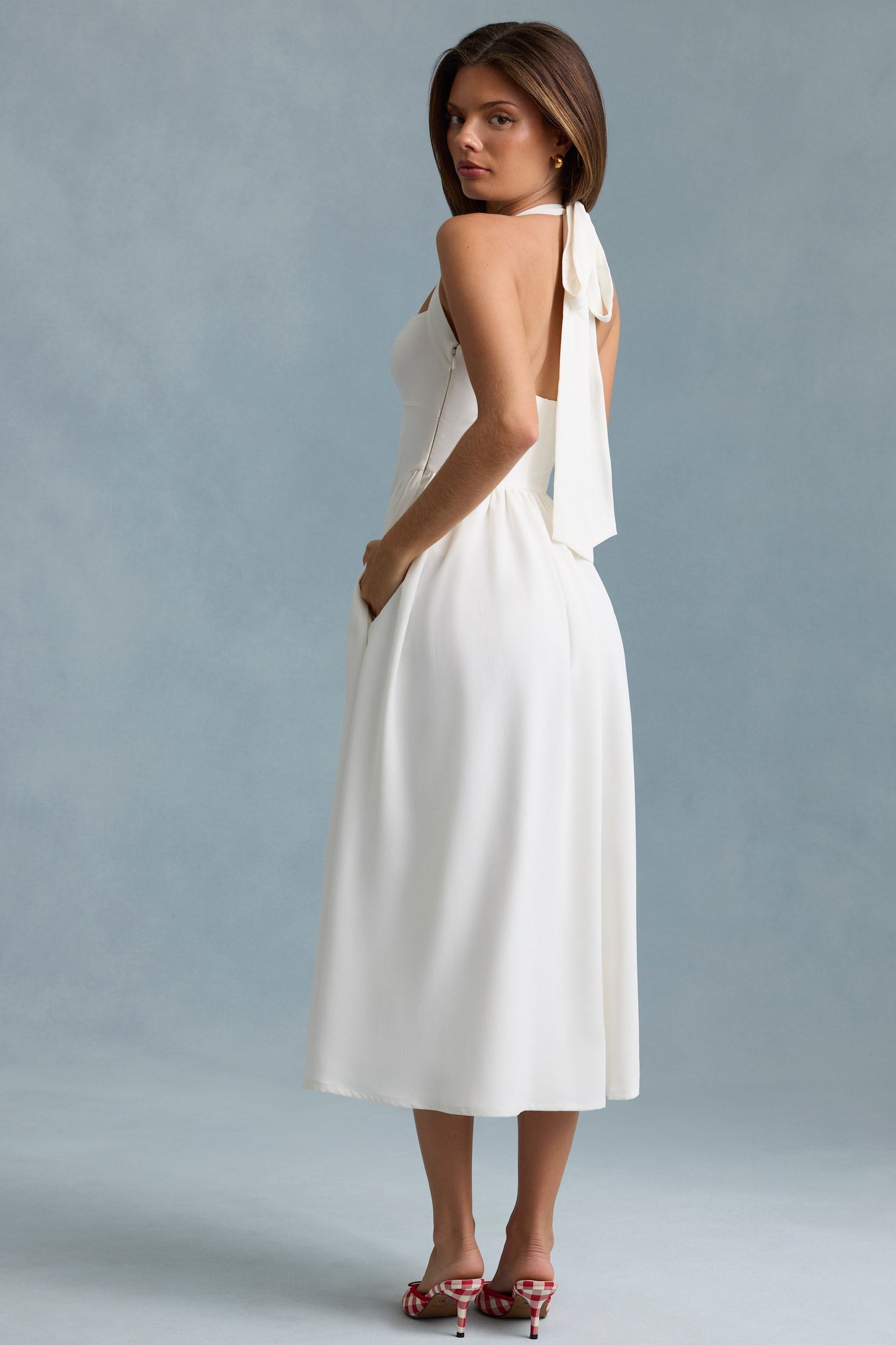 Button-Detail Halterneck Midaxi Dress in White
