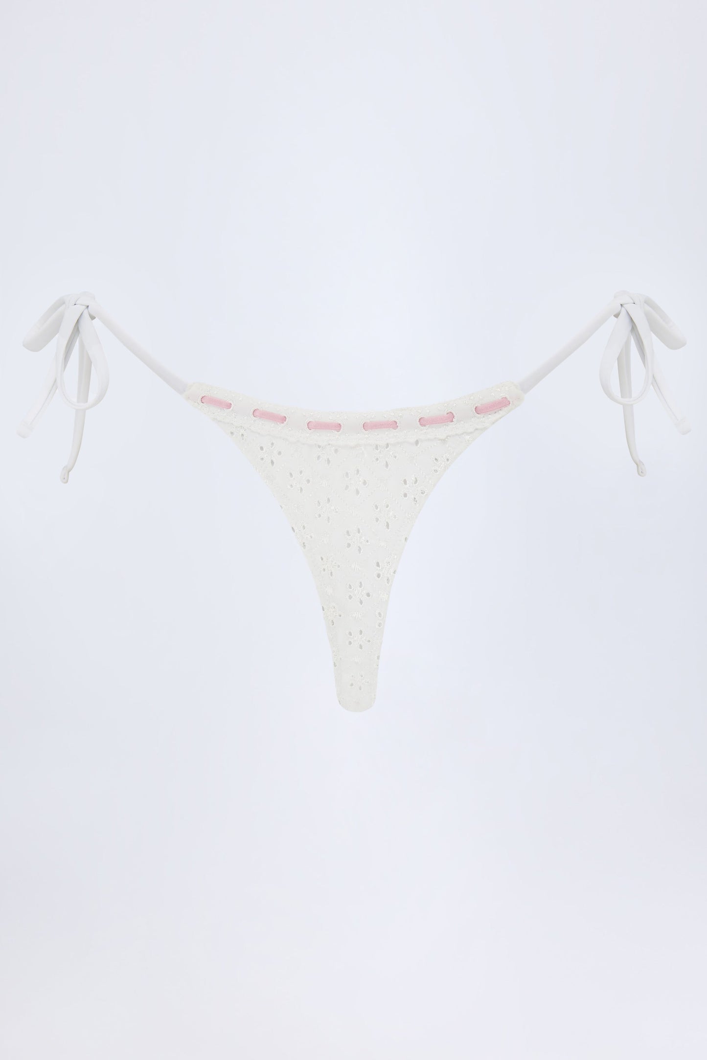 Broderie Anglaise Side-Tie Thong Bikini Bottoms in White