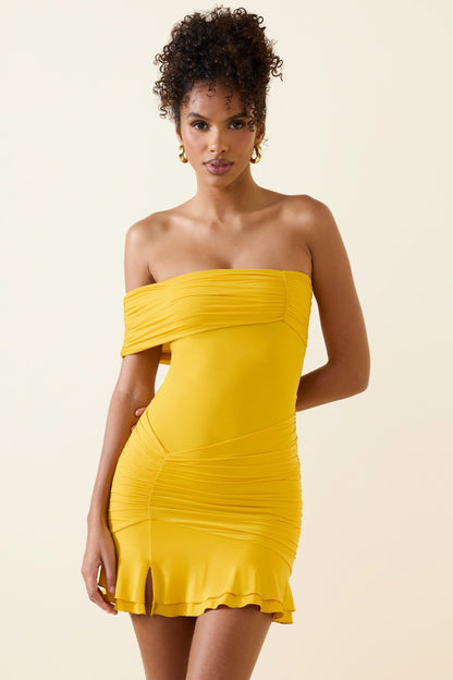 Asymmetric Ruched One-Shoulder Mini Dress in Golden Yellow