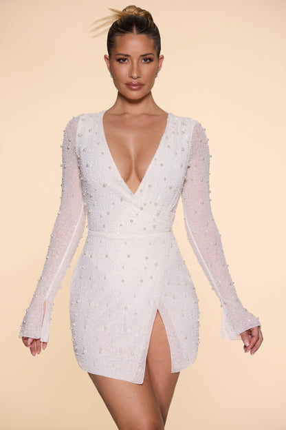 Embellished Wrap Over A-Line Mini Dress in Ivory