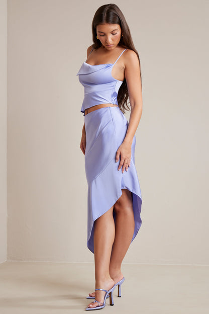 Bias Cut Satin Cowl Neck Crop Top in Periwinkle