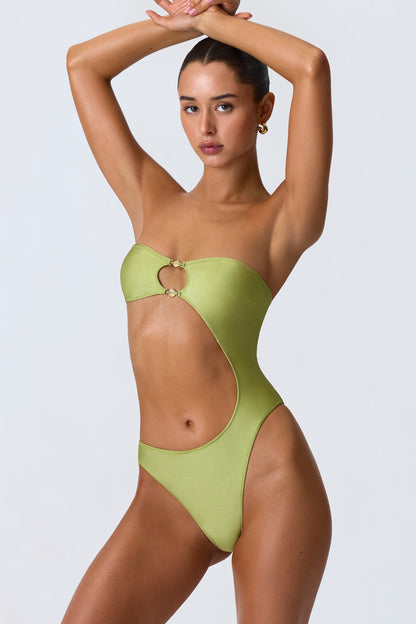 Bead-Embellished Cut-Out Bandeau Swimsuit in Pear Green