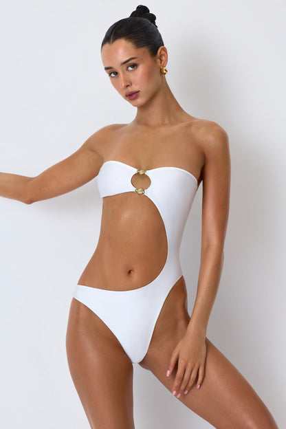 Bead-Embellished Cut-Out Bandeau Swimsuit in White