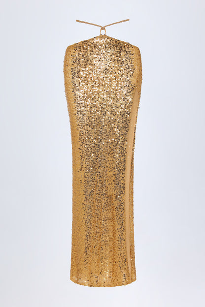 Embellished Hardware-Detail Strappy Maxi Skirt in Gold