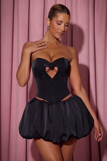 Embellished Heart Cut-Out Strapless Corset Top in Black