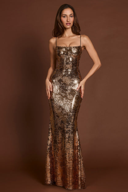 Embellished Straight-Neck Maxi Dress in Black Gold Foil