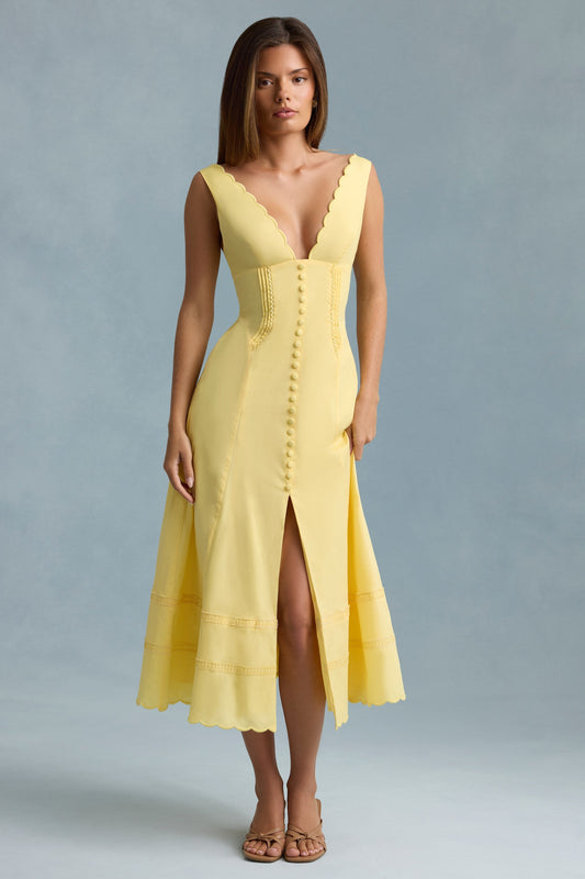 Cotton-Poplin A-Line Midaxi Dress in Pastel Yellow
