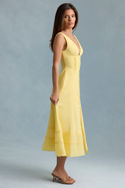 Cotton-Poplin A-Line Midaxi Dress in Pastel Yellow