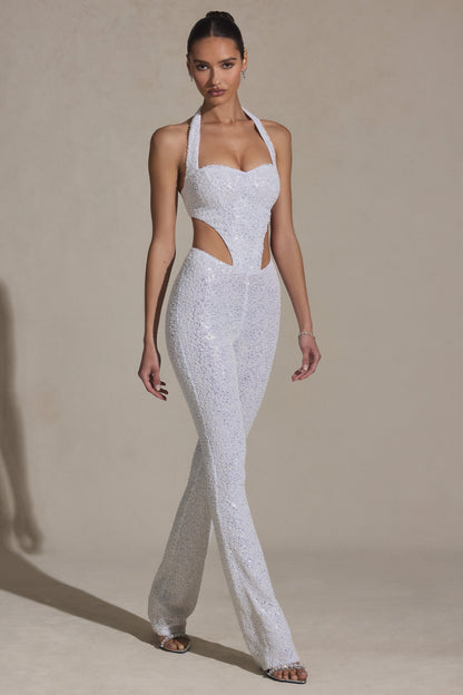 Embellished Cut-Out Jumpsuit in White