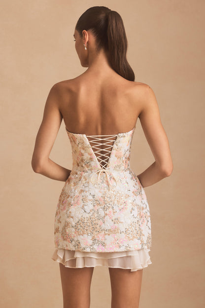 Embellished Strapless Corset Mini Dress in Ivory