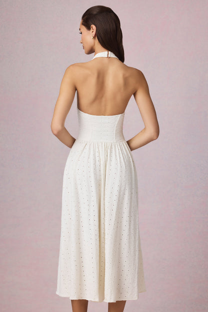 Broderie Anglaise Halterneck Midaxi Dress in White