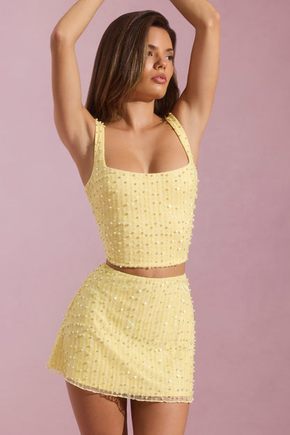 Embellished Low-Rise Mini Skirt in Yellow