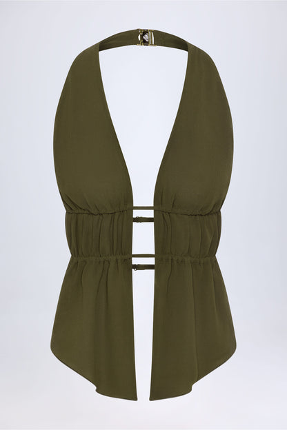 Cut-Out Semi-Sheer Ruched Halterneck Crop Top in Dark Khaki
