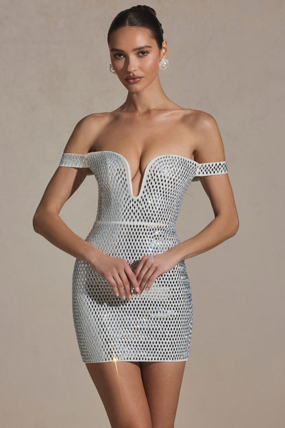 Embellished Off-Shoulder Mini Dress in White
