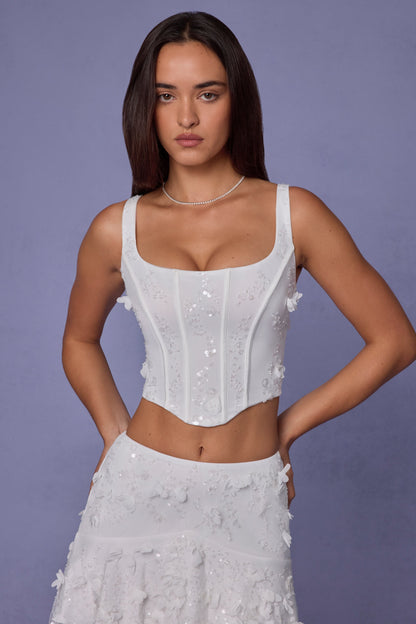 Embellished Lace-Up Corset Top in White