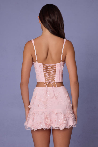 Embellished Mid-Rise A-Line Mini Skirt in Soft Pink