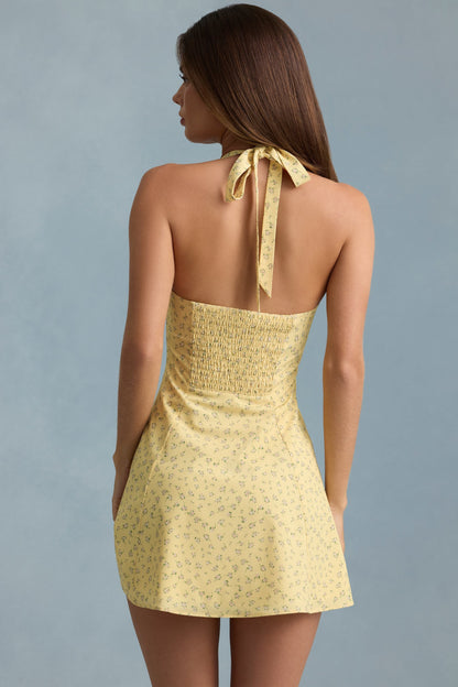 Halterneck A-Line Mini Dress in Yellow Flower Print