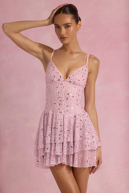 Embellished Ruffled Tiered Mini Dress in Pink