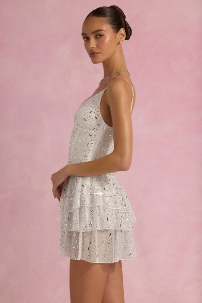 Embellished Ruffled Tiered Mini Dress in White