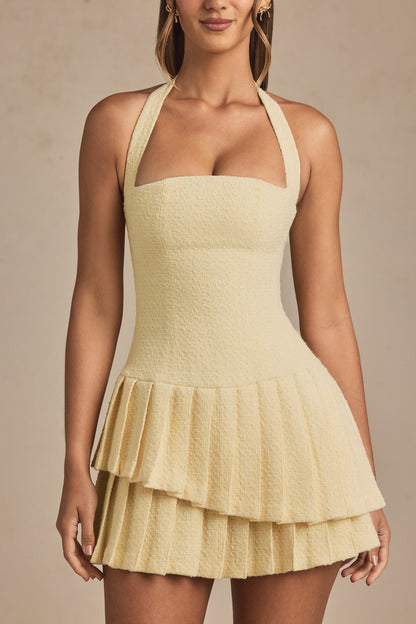 Asymmetric Layered Halterneck Mini Dress in Pastel Yellow