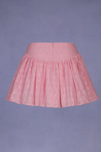 Bow-Detail Broderie Anglaise Mini Skirt in Soft Pink