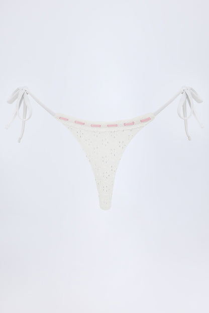 Broderie Anglaise Side-Tie Thong Bikini Bottoms in White